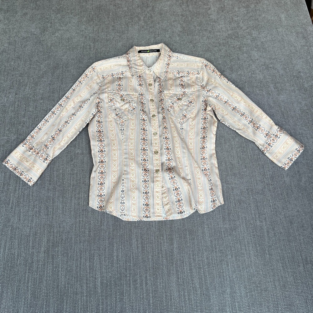 DKNY Jeans Western Shirt Top Women L Beige Floral Striped Long Sleeve Pearl Snap